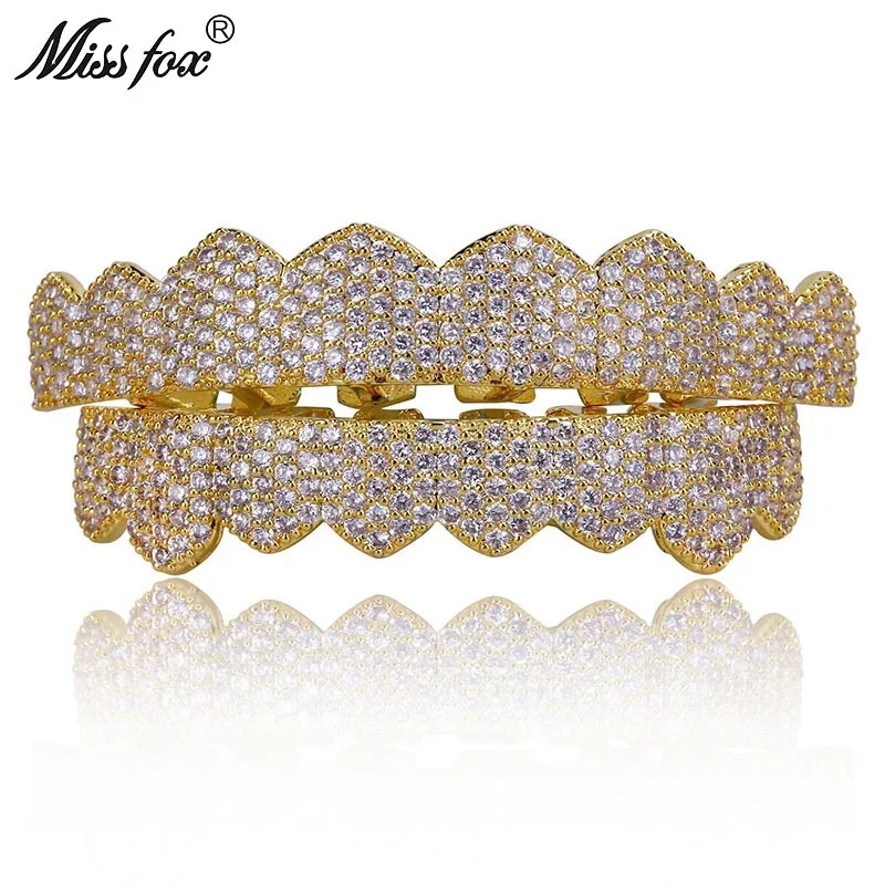 Missfox Grillz хип хоп 18k позолоченные платиновые микрозакрепленные полностью