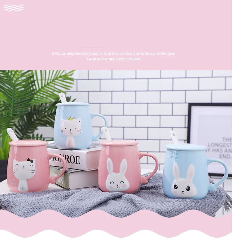Новая модель кружки термостойкие мультфильм с Ложка Крышка котенок кофе керамические кружки детская чашка Офис милая кошка, Кролик Посуда для напитков подарок