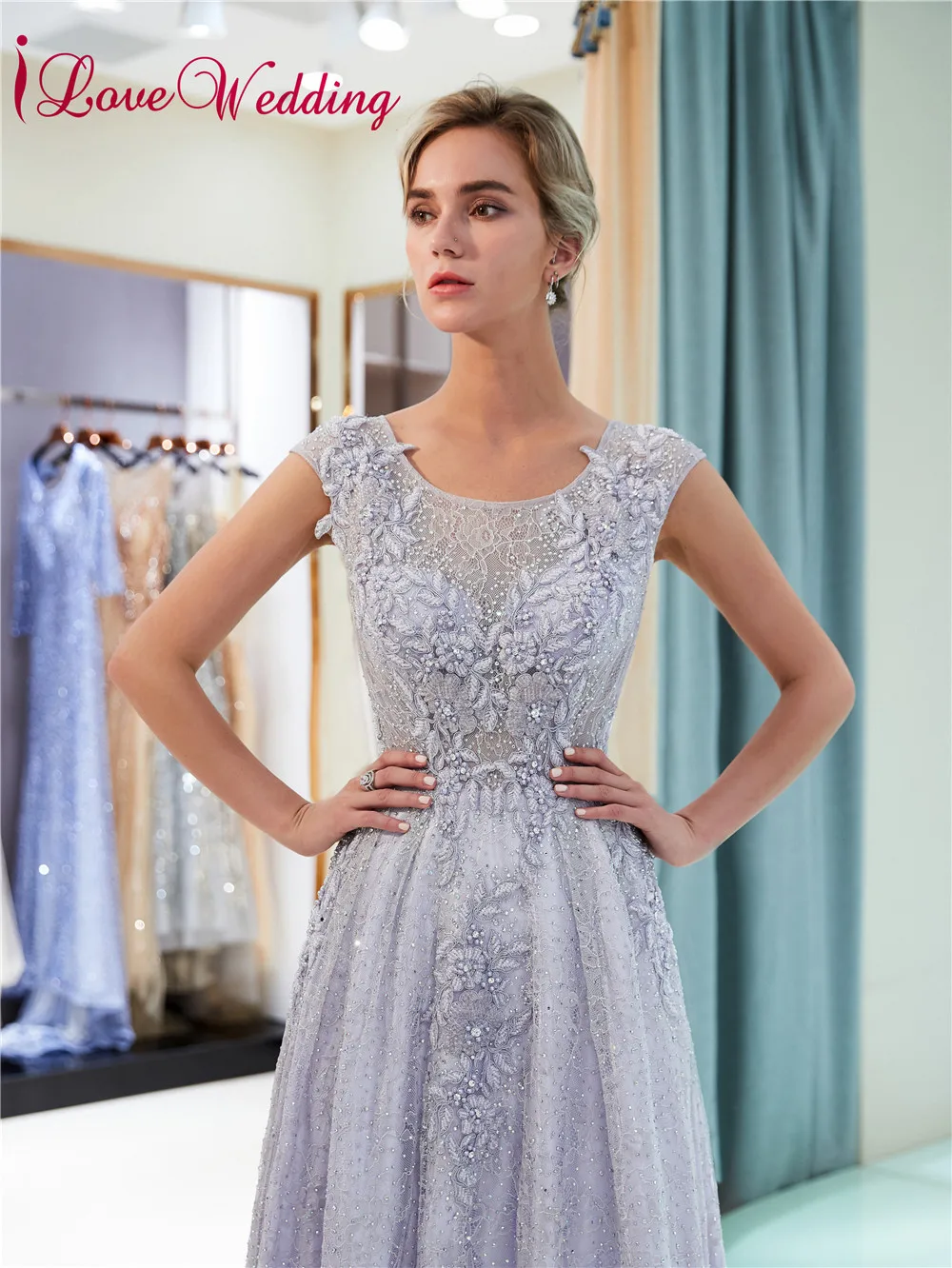 ILoveWedding Robe de soiree 2018 вечернее платье сиреневое кружевное с аппликацией из бисера