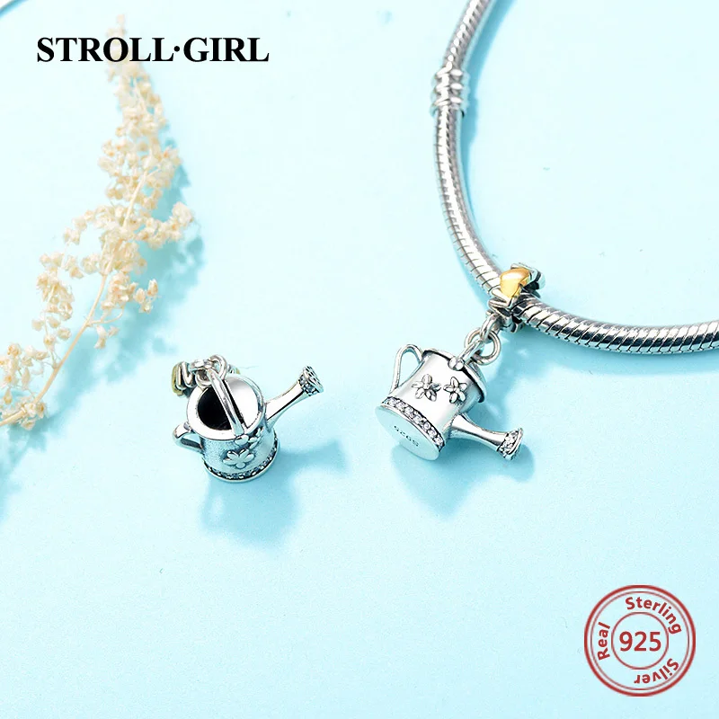 Strollgirl, 925 пробы, серебряный чайник для полива, подвески, бусины, подходят к оригинальному браслету Pandora, модное ювелирное изделие для женщин, подарок