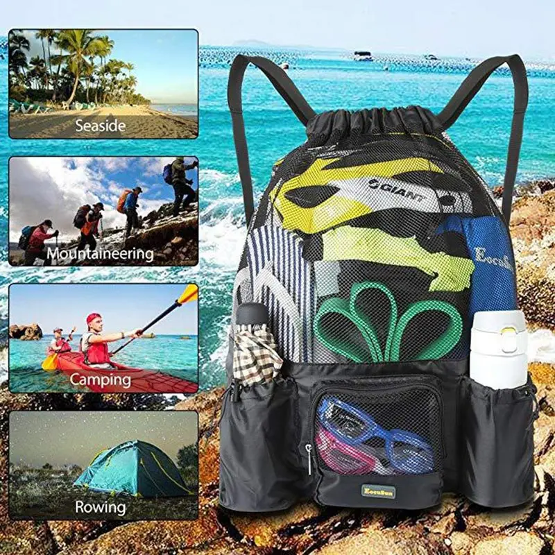 Women Men Beach Backpack Drawstring Mesh Net Summer Swimming Bag Swim Rucksack Waterproof Bolsa Deporte Outdoor Sport XA164D