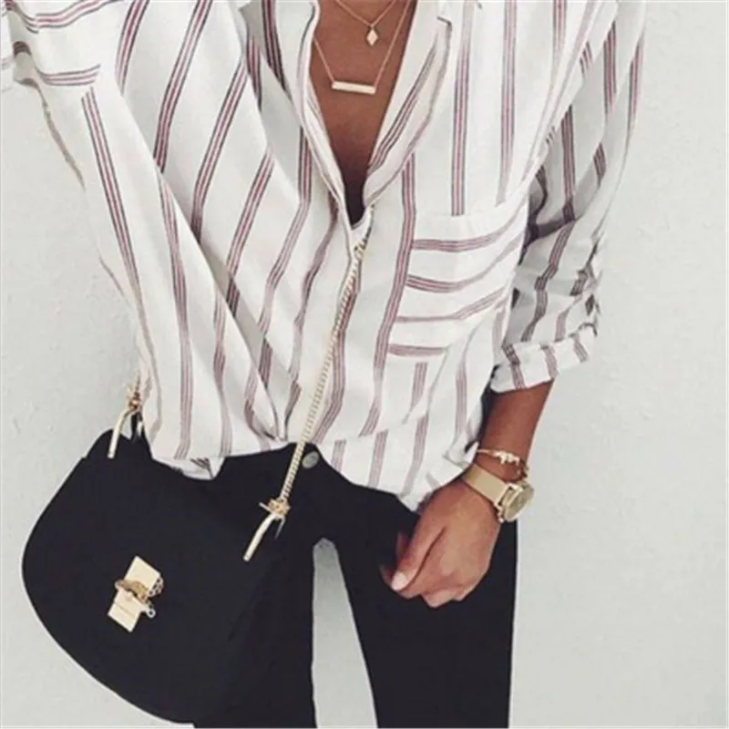 Новинка 2017 полосатая блузка для женщин приталенная рубашка с длинным рукавом в
