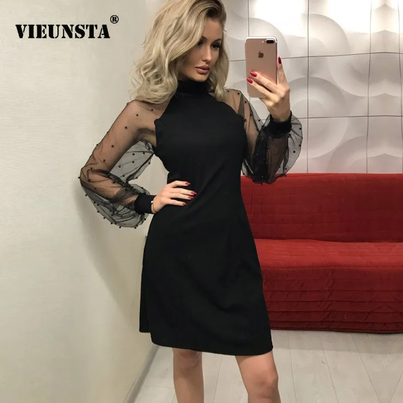 Женское Сетчатое платье VIEUNSTA Осеннее кружевное с длинным рукавом и воротником