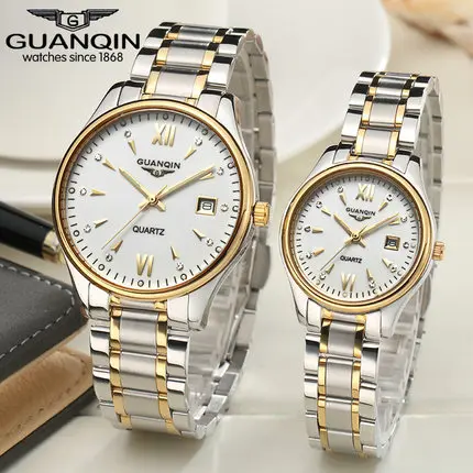 gold white GUANQIN, деловые парные часы, набор для мужчин и женщин, часы для влюбленных, наручные часы, роскошные золотые кварцевые часы, женские часы, женские наручные часы - Цвет: gold white
