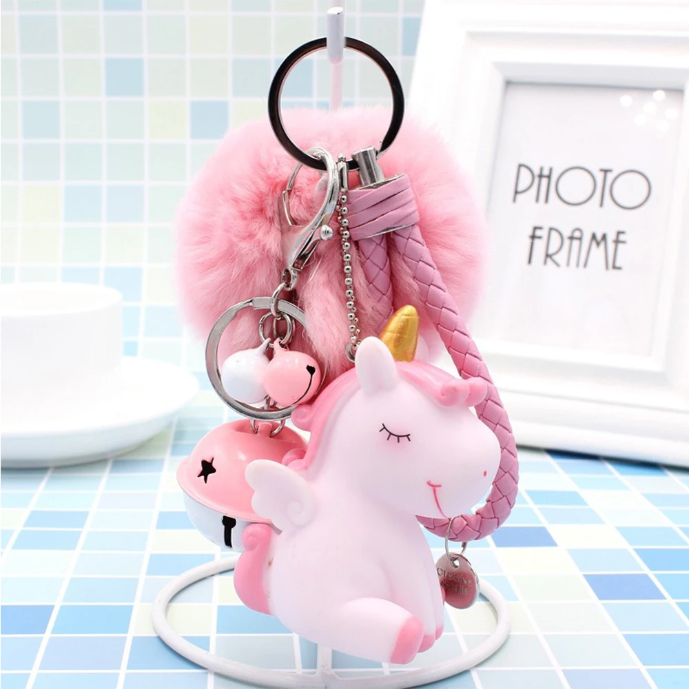 Kawaii Cartoon Unicorn Plush Keychain Fur Ball Pompons Key Ring Car Purse Bag Pendant Plush Toy