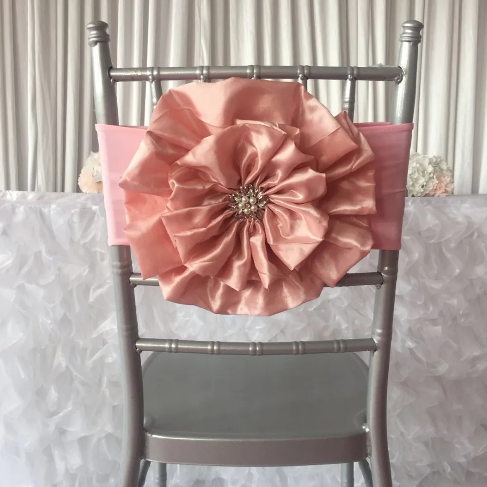 Hot Sale 50pcs or 100pcs White Pink Miracle Taffeta Big Flower With Brooch Spandex Chair Band for Wedding Party | Дом и сад