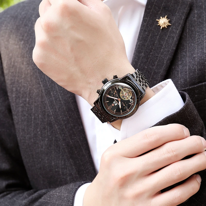 Мужские часы автоматические механические Tourbillon спортивные из нержавеющей стали