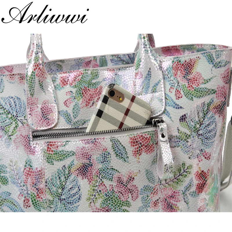 Женская сумка тоут из 100% натуральной кожи с блестящими цветами воловьей