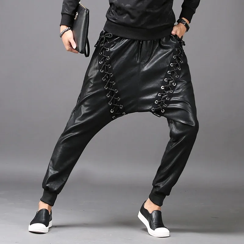 

M-6XL Mens Joggers PU Faux Leather Harem Drop Crotch Pants Jeans Casual Street Dance Moto & Biker DJ Rock Rivets Slacks Trouser