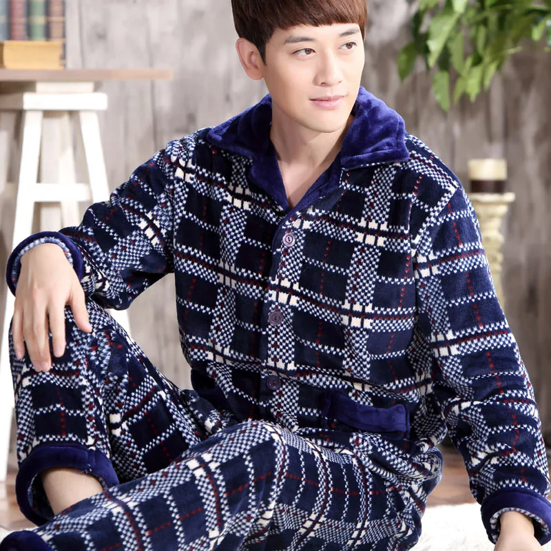 SusanDick 2017 Autumn &amp Winter Thick Flannel Pajamas Mens Coral Cashmere Cardigan Pants Suit Sleepwear Casual Man Home Clothes | Мужская