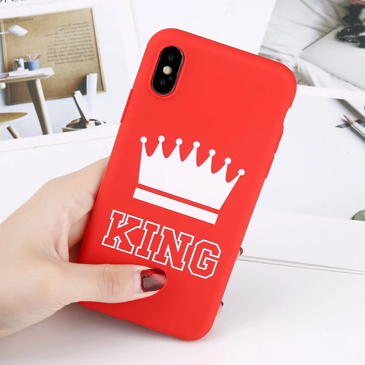 Red King Матовый чехол для телефона с короной для iPhone 11 Pro Max XS Max X XR King queen чехол s 7 6 6s 8 Plus сплошной карамельный цвет Мягкий ТПУ полный Чехол - Цвет: Red King
