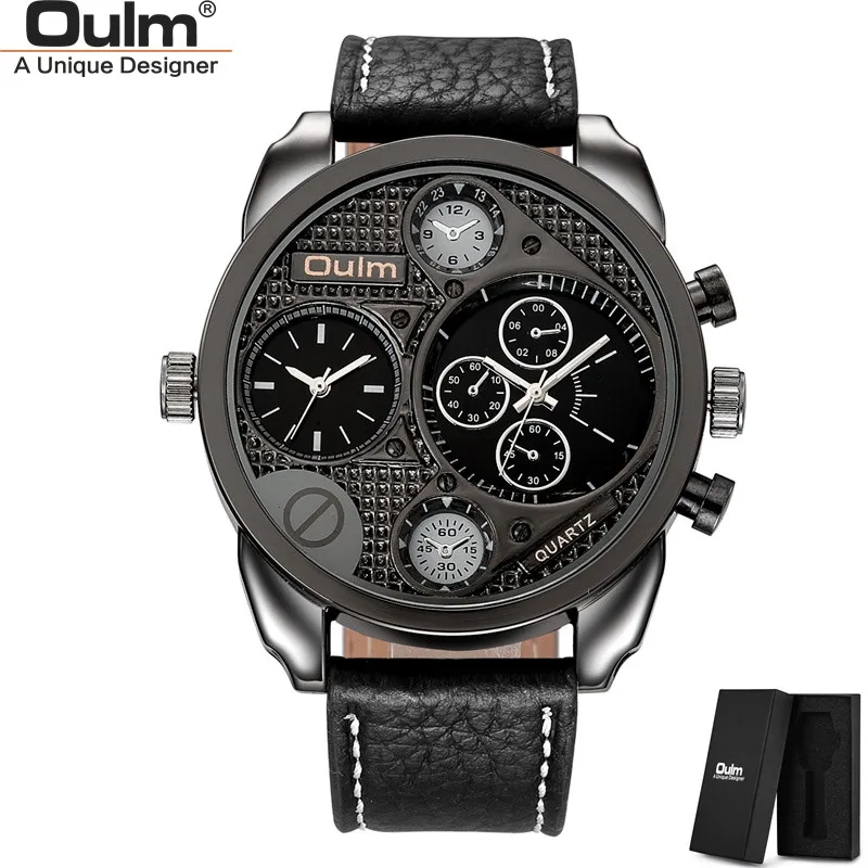 Роскошные наручные часы Oulm с двумя часовыми поясами мужские Модные Повседневные