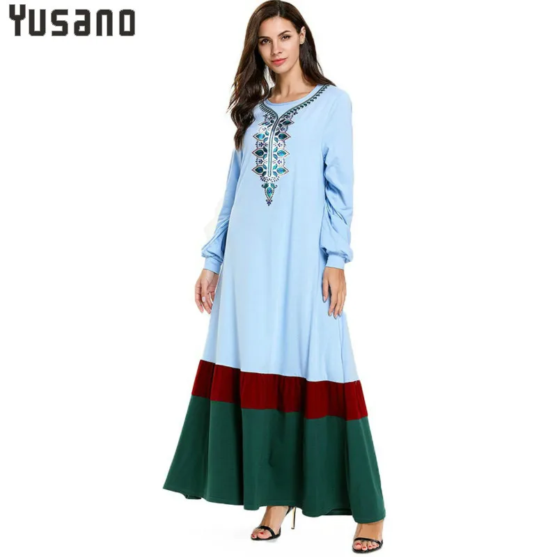 Женская одежда Дубай вышивка с длинным рукавом Пэчворк светильник-голубое
