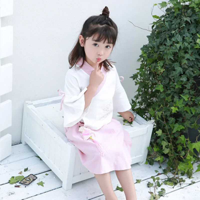 2019 Summer New Children's Clothing Girls Cotton and Linen Chinese Style Dress National Wind Retro Two-piece Sachet Kimono Set |