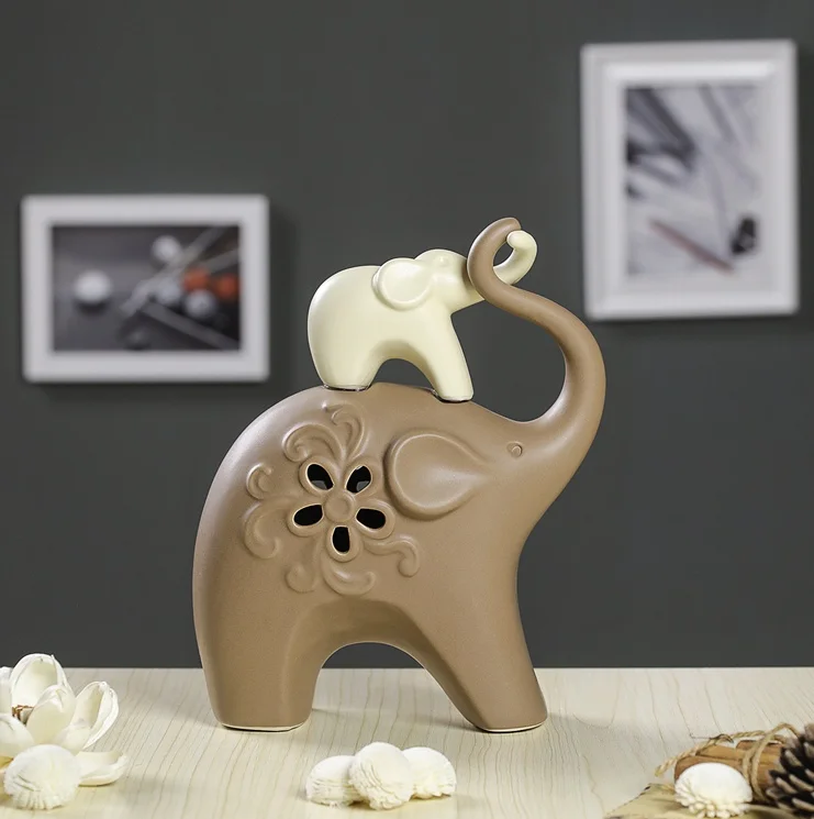 

Moving Porcelain Elephant Father and Child Sculpture Hollow Out Ceramics Ornament Craft Gift For Father, Mother and Room Decor