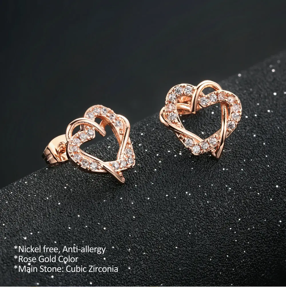 Женские серьги гвоздики в форме сердца с фианитом|stud earrings rose gold|cubic zirconia stud