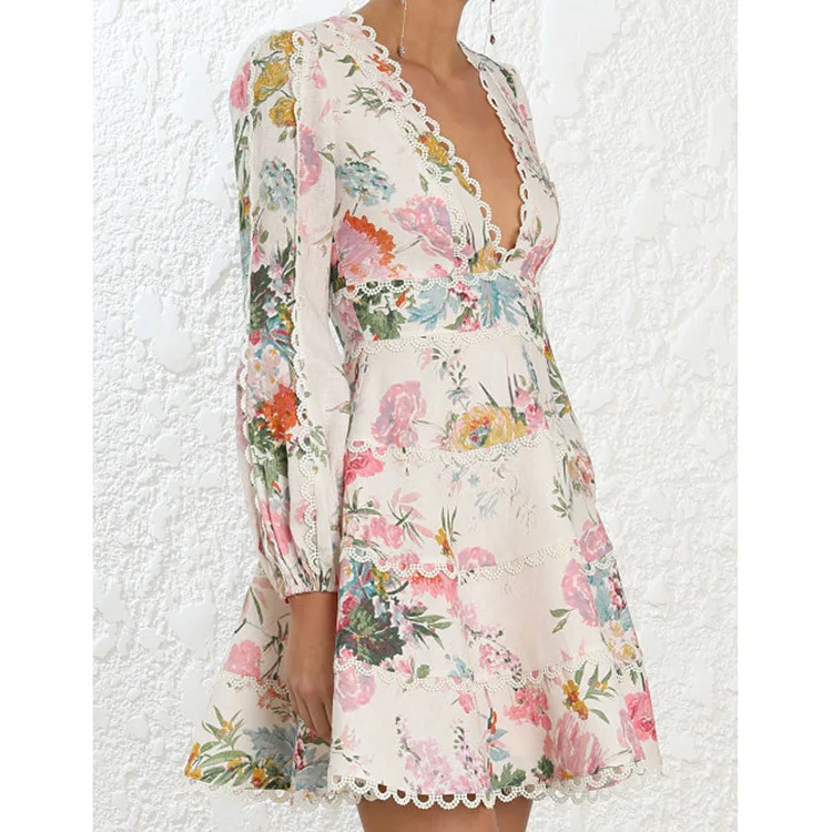 Женское платье с цветочным принтом весеннее шифоновое платье-корсаж V-образным