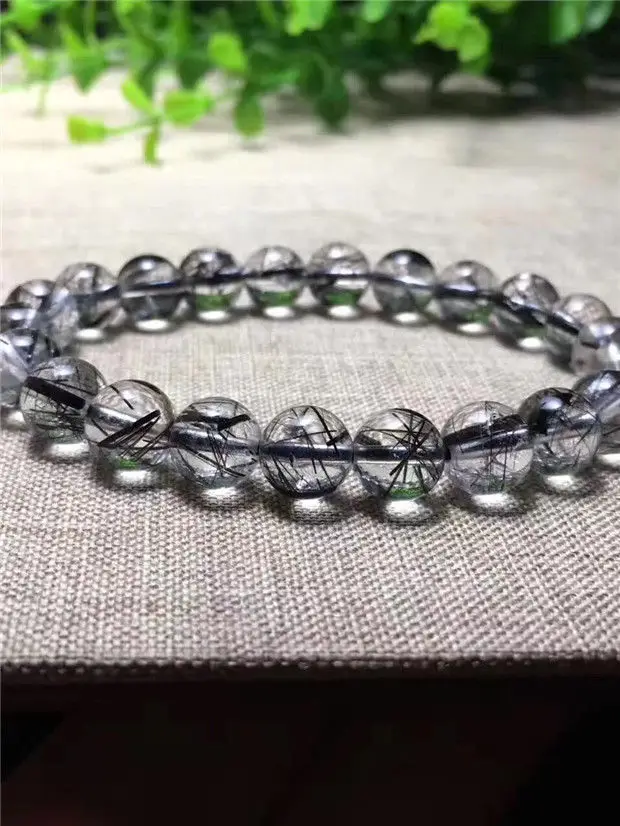 

11mm Genuine Natural Black Hair Rutilated Quartz Crystal Beads Bracelet AAAA