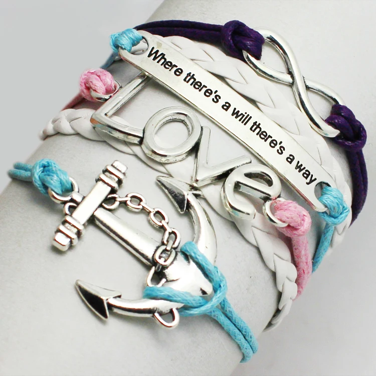 Handmade Braided PU Multilayer Sky Blue Leather Rope LOVE Anchor Infinity Fashion Women Dress Jewelry Vintage Alloy Bracelet | Украшения и