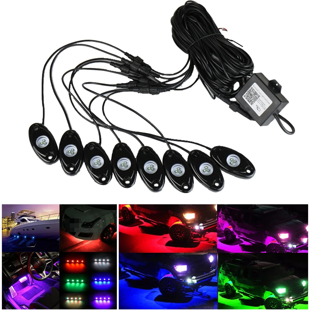 

4 8 Pods RGB LED Rock Lights Bluetooth Controlled Multicolor Neon LED Light Kit Fit for Jeep Truck Car ATV SUV 4X4 Vehicle Boat