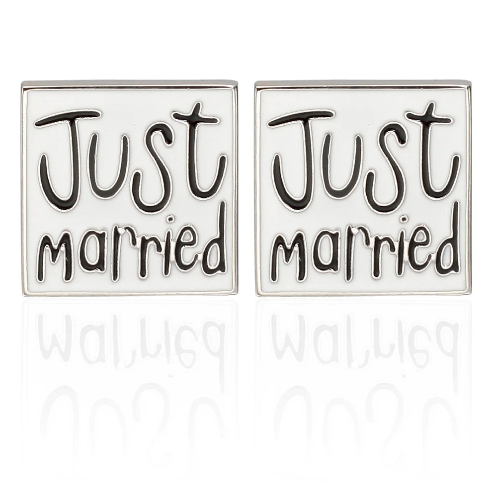 Display Box Cufflinks Romantic Mens Wedding Cufflink Just Married Text Design White Enamel with Black Free Tag &amp Wipe Cloth | Украшения