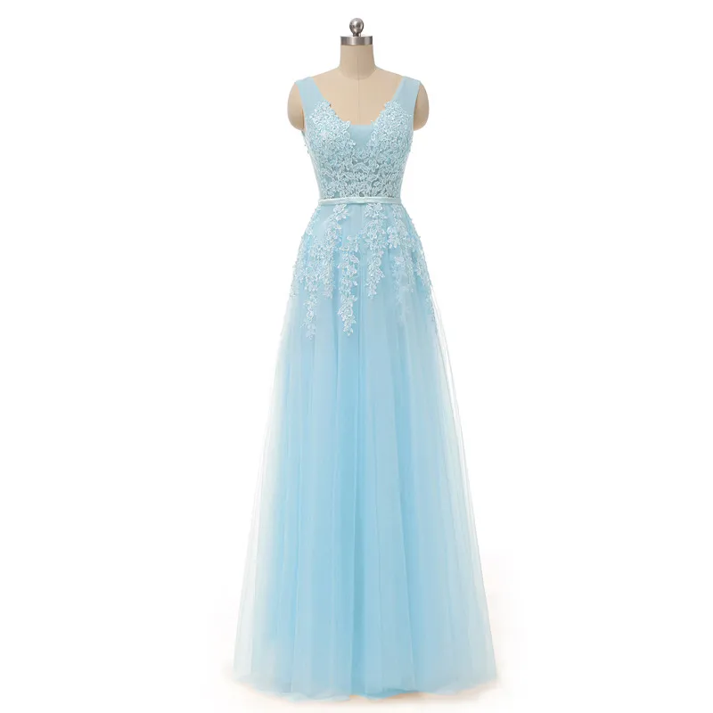 sky blue Платье для выпускного вечера vestido de festa сексуальное платье с v-образным вырезом высокое качество серое Тюлевое платье с аппликацией вечернее платье - Цвет: sky blue