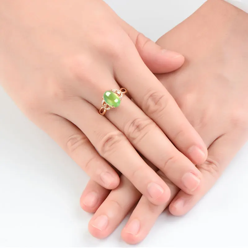 Natural Green prehnite 8*10mm Oval Shape 9k Rose Gold Ring set with Moissanite Accents Top quality Fine women's jewelry | Украшения и
