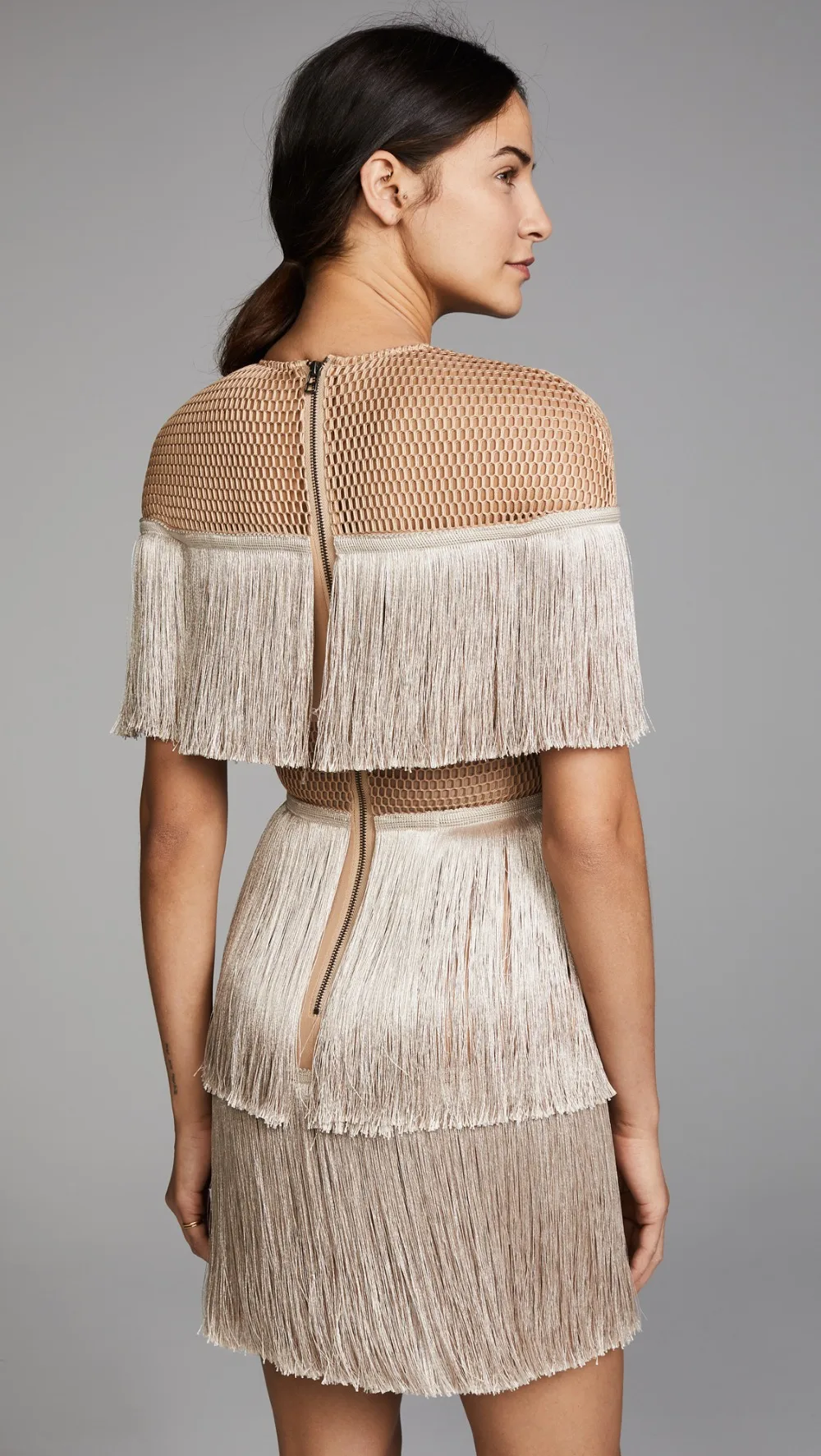 Halinfer New summer women dress sexy body O-Neck Mesh Tassel Mini Rayon Bandage celebrity party dresses vestidos