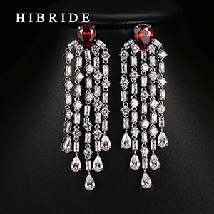 white gold plated Модные серьги HIBRIDE с кисточкой из циркона красного, зеленого, синего и белого цветов, женские серьги с родиевым покрытием, подарки E-56 - Окраска металла: white gold plated