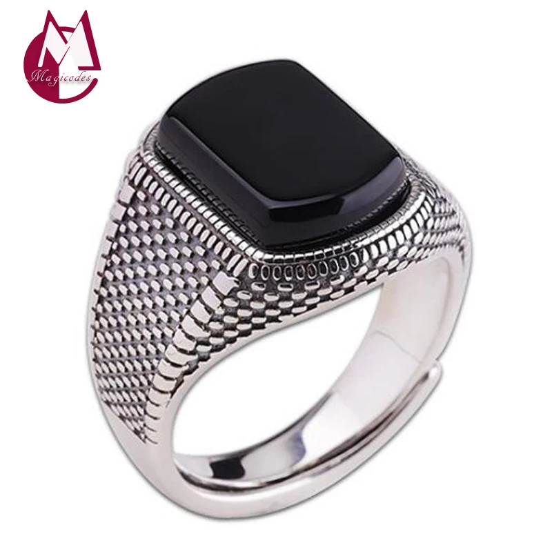 Мужское регулируемое кольцо из черного агата 100% Стерлинговое Серебро 925 пробы