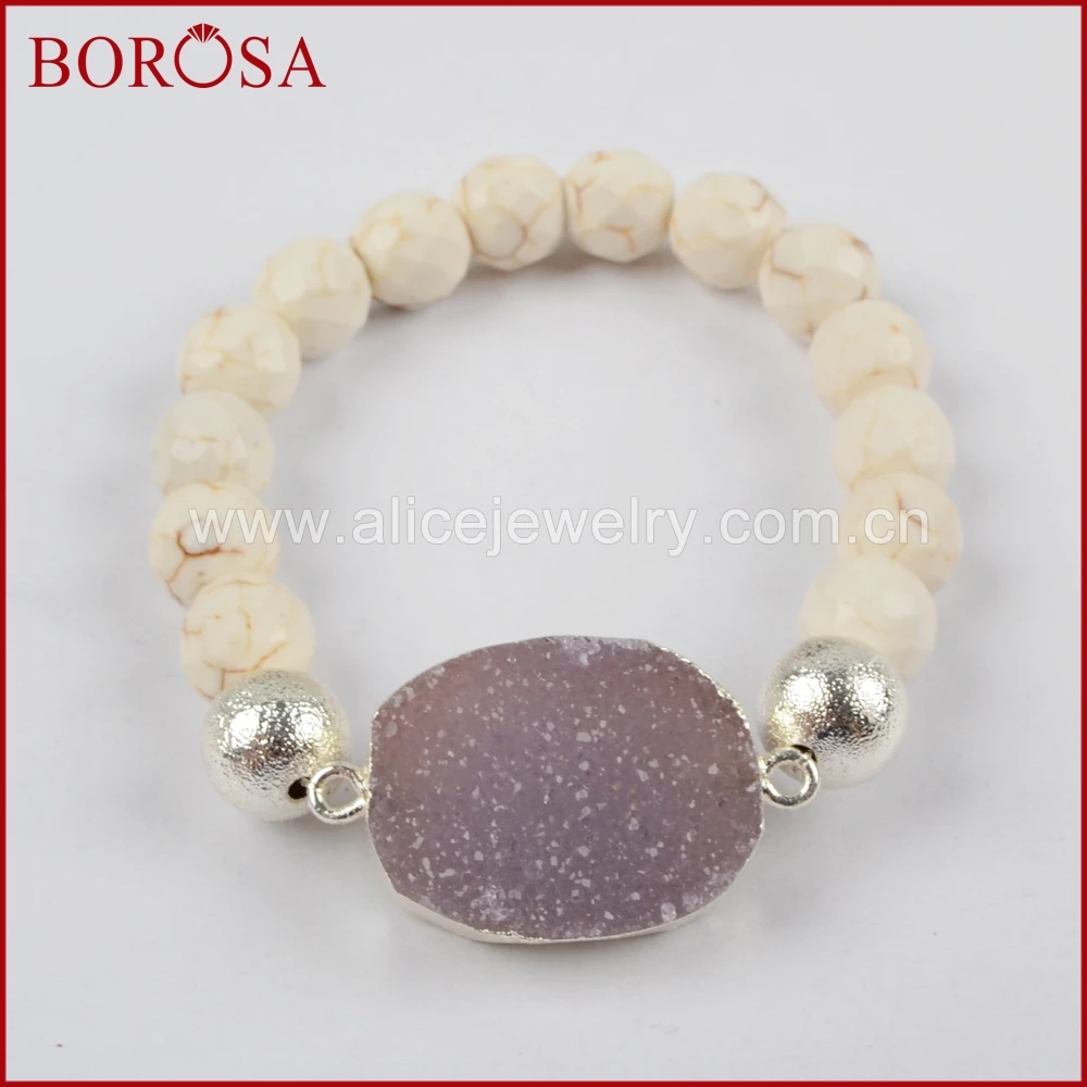 

BOROSA Gold / Silver Color Natural Stone Charm Druzy Connector With Faceted White Howlite Stone Beads Bracelets for Women 1398