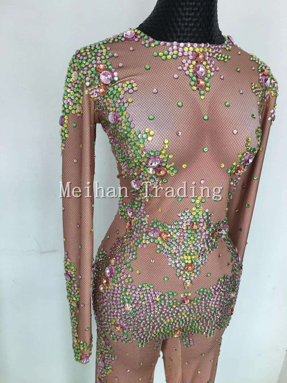 Colorful Crystals Leggings Jumpsuit Women's sexy Evening One-piece Costume Luxury Bodysuit Female Rhinestone Nude Skinny Rompers | Женская