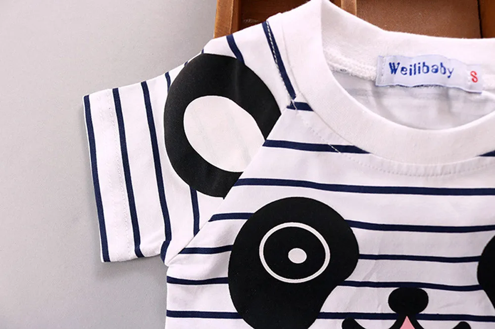 Children Clothing baby girl boys clothes Set Little Bear Stripe Short-Sleeve T Shirt +Straps Pants Kids Sport Suit | Детская одежда и
