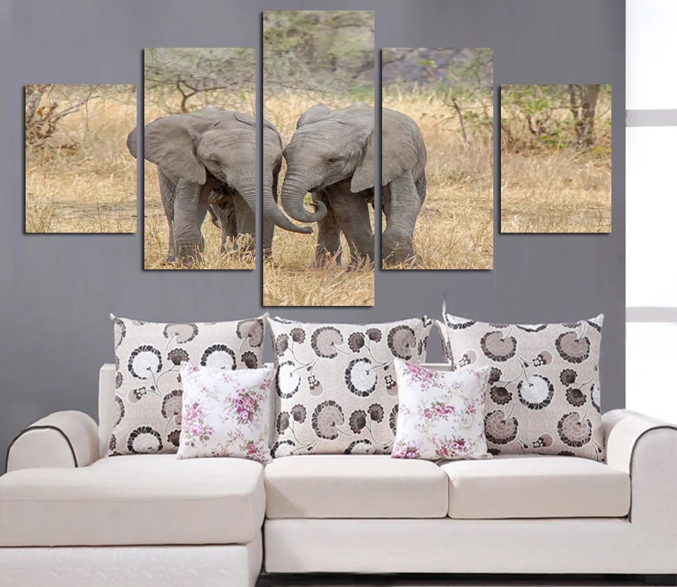 Картина маслом работает поле Два Слона Животные Играть картина холст украшение