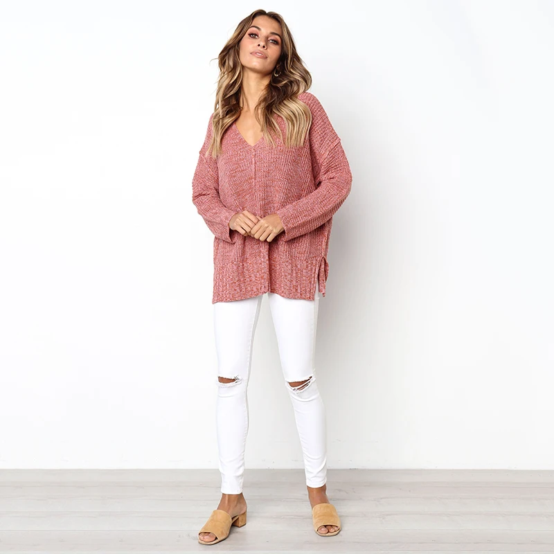Повседневные свободные розовые свитера Pull Femme Hiver 2018 осенние модные вязанные