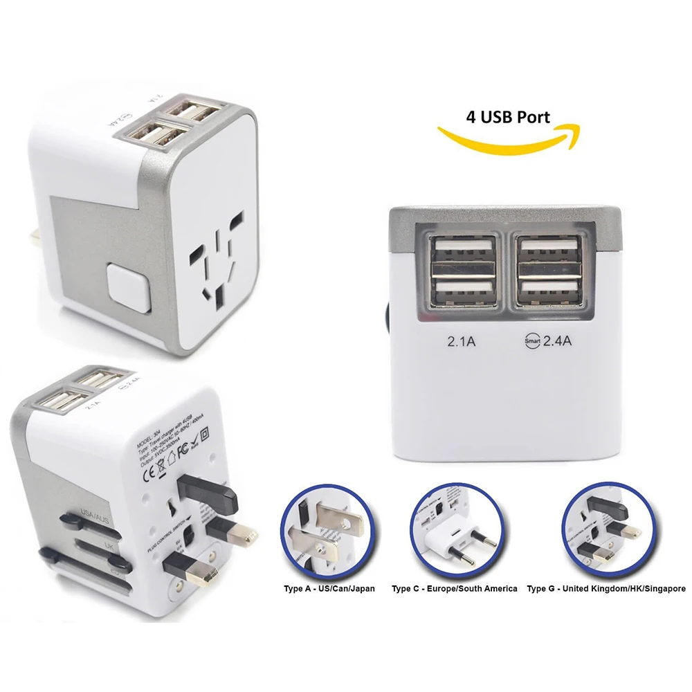 Адаптер с разъемом питания для международных поездок, 4 порта usb, рабочий-220 вольт, адаптер для путешествий, Тип C, тип A, тип G, тип I, для Великобритании