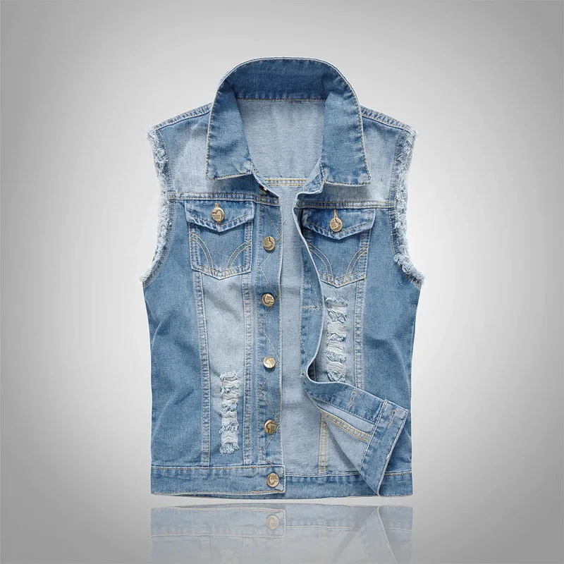 SHUJIN Для мужчин Slim Fit без рукавов Джинсовая куртка Летняя мода классический джинсовый жилет черный отложной воротник, джинсовый жилет
