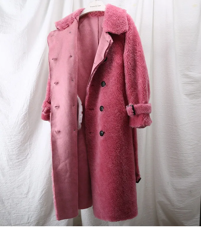 OFTBUY winter coat women windbreakers natural wool lamb fur sheepskin faux leather long trench coat Double-breast jacket