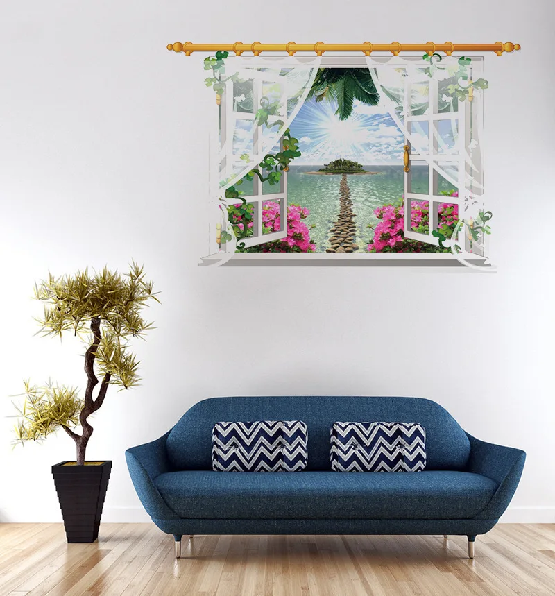 3d Ложные окна Живописный пейзаж наклейки на стену остров Декорации для дома