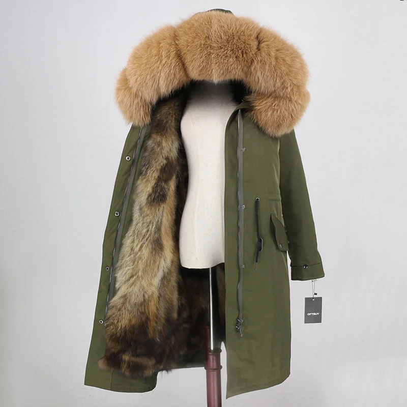 green natural camel Пальто с натуральным мехом, бренд X-long Parka, водонепроницаемая ткань, верхняя одежда, зимняя куртка для женщин, натуральный Лисий мех, капюшон, подкладка из лисьего меха, отстегивается - Цвет: green natural camel