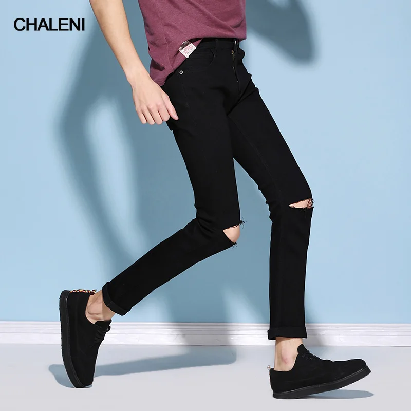 Fashion Style Elastic Hole Casual Solid Color Jeans Slim Middle Waist Full Length Pencil Pants QC-A101-809 | Мужская одежда