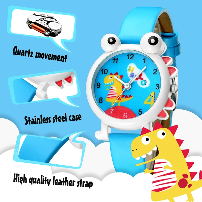 

KDM Lovely Cartoon Dinosaur Children Watch Cute Kids Boys Waterproof Watches Genuine Leather Kid Wristwatch Students Clock