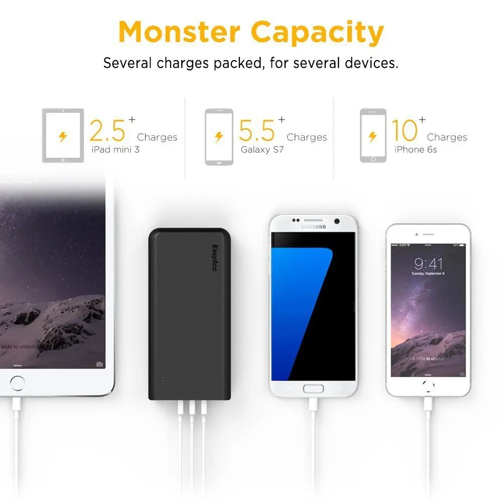 EasyAcc 26000 мАч Внешний аккумулятор с 4 портами usb фонариками 18650 портативное зарядное