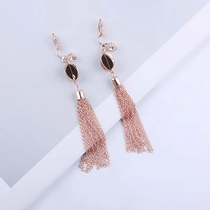 Серьги-клипсы с длинной кисточкой из розового золота, уникальные, без пирсинга, для женщин, вечерние, Роскошные, свадебные, на клипсах, подарок - Окраска металла: rose gold