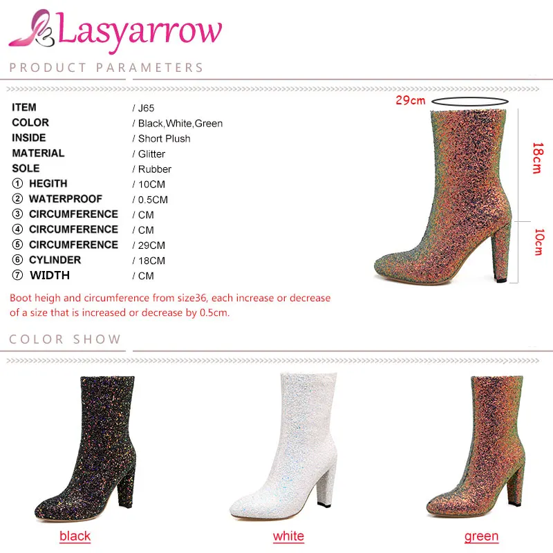 Lasyarrow/Сапоги до середины икры на Высоком толстом каблуке; модная обувь на молнии; Botas mujer; Цвет черный, белый; блестящая Свадебная обувь для женщин; Sapatos Mujer