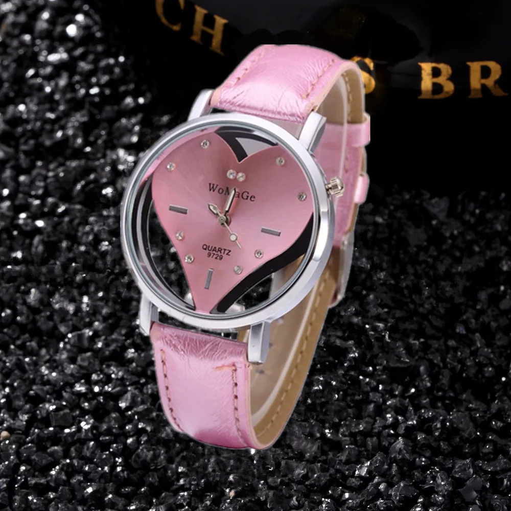 

New Fashion Women Watches Lovely Heart Dial Quartz Watch Wrist Pink Leather Casual Analog Ladies Watch Girls relogio feminino