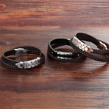 Toggle-clasps Combination Stainless Steel Genuine Leather Bracelet 2