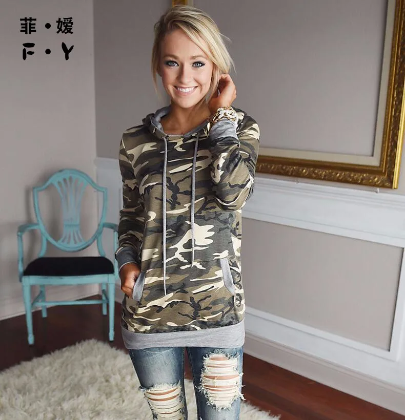 

Fashion Camouflage Print Autumn Winter Jumper Pocket Women Long Sleeve Tops 2018 New Hoodies Sweatshirts Hooded Outerwear Coat
