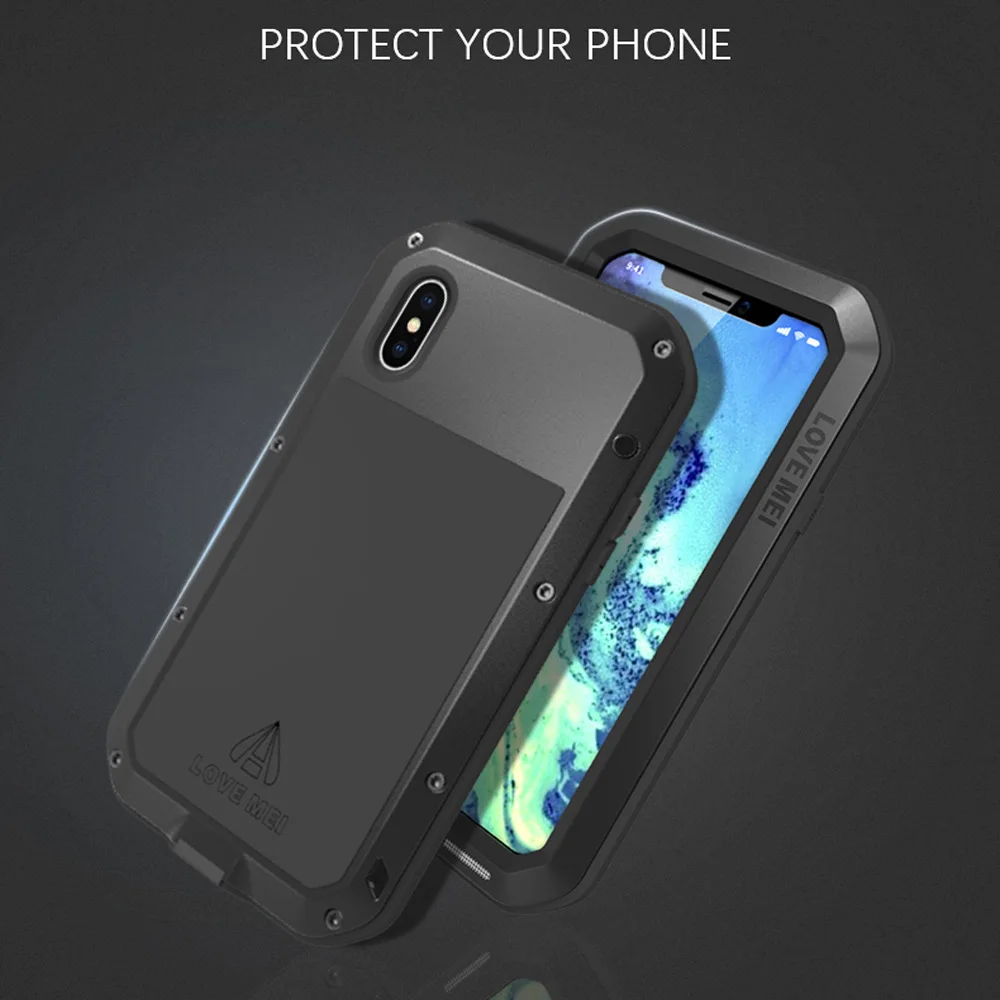 5.8'' LOVE MEI Powerful Heavy Duty Shockproof Fundas Metal Cover for iPhone XS X 10 iPhoneXs Case Silicone Coque Toughened Glass |