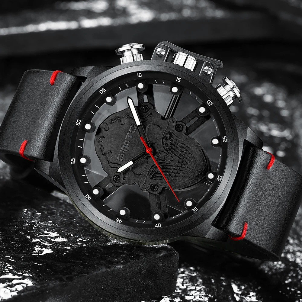 Мужские наручные часы GIMTO Роскошные Кварцевые в стиле панк с черепом кожаным